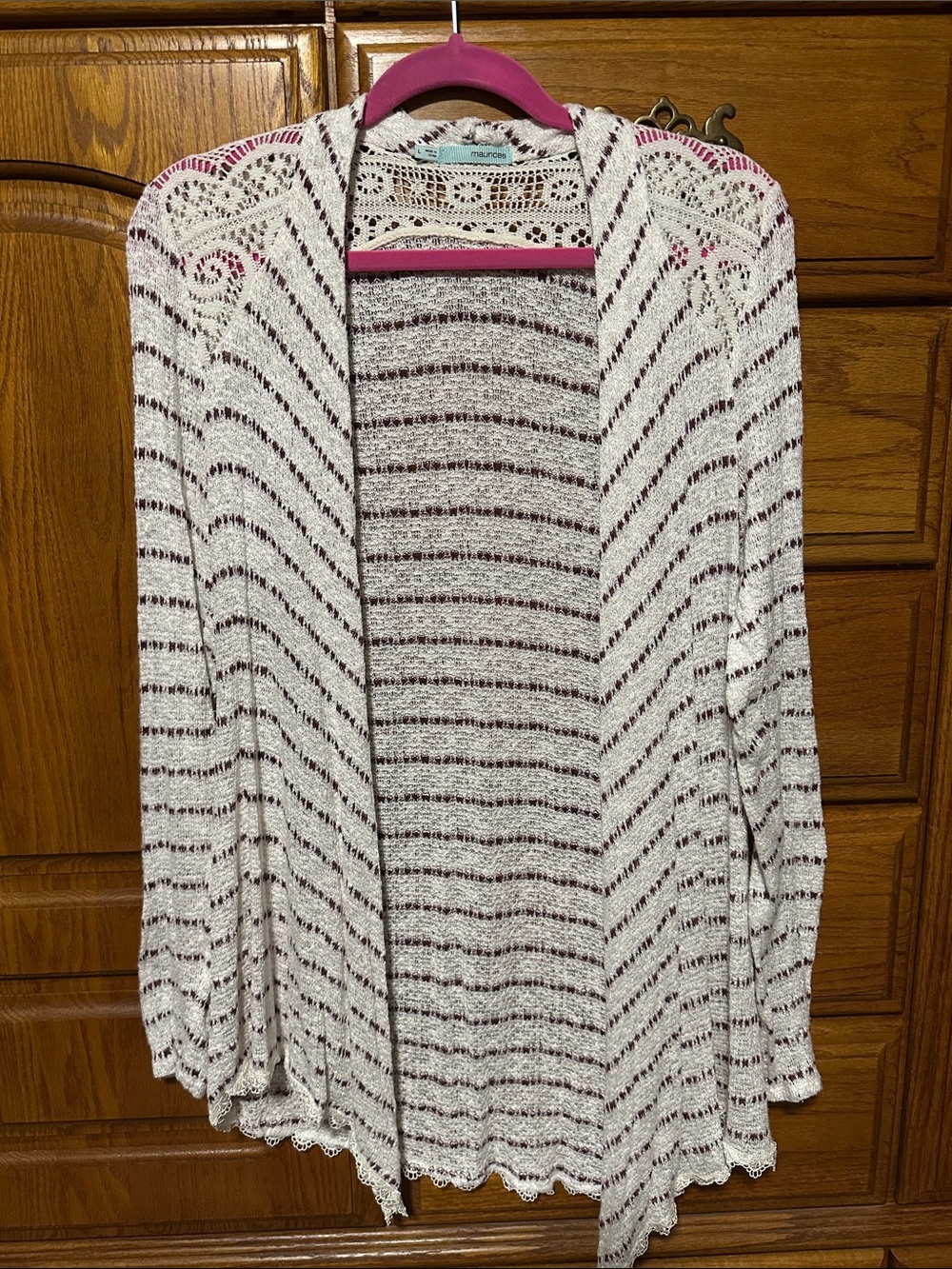 Open-Front Ivory & Burgundy Striped Knit Cardigan Sweater - Size Large